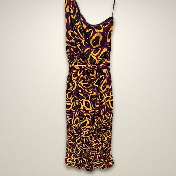 Nicole Miller Maxi Dress One-Shoulder Tie Waist Burgundy/Yellow/Black‎ W 14 NWT - Picture 2 of 9